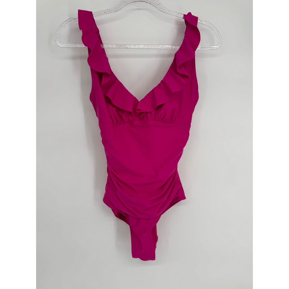 DKNY Pink Ruched Ruffle One Piece Swimsuit Adjustable Straps Pink Magenta Sz S